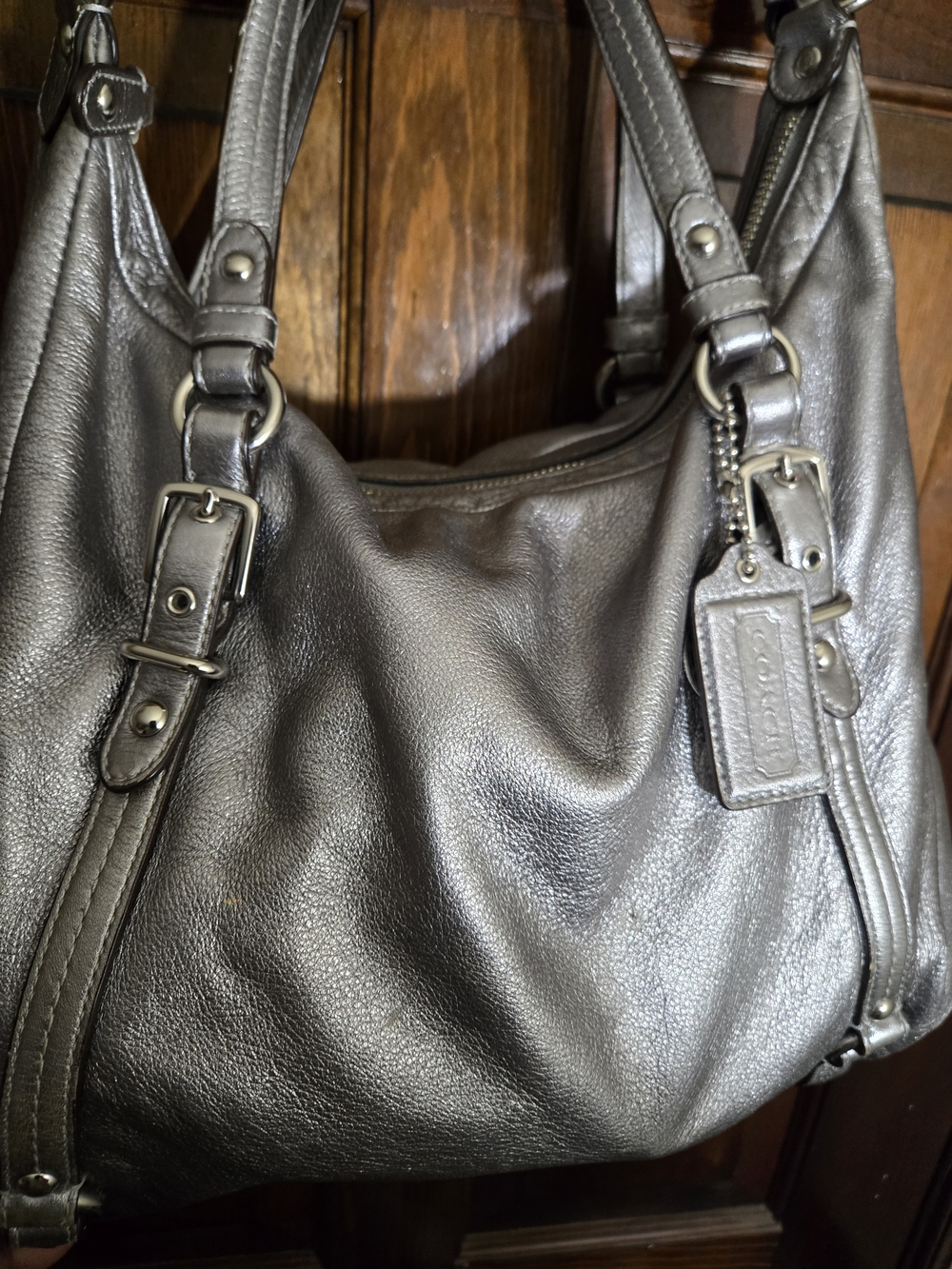 Coach Metallic Silver Leather Shoulder Bag with Logo Tag